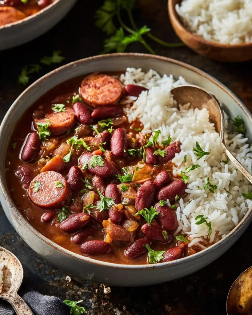 A plate of authentic Louisiana red beans and rice garnished with green onions.