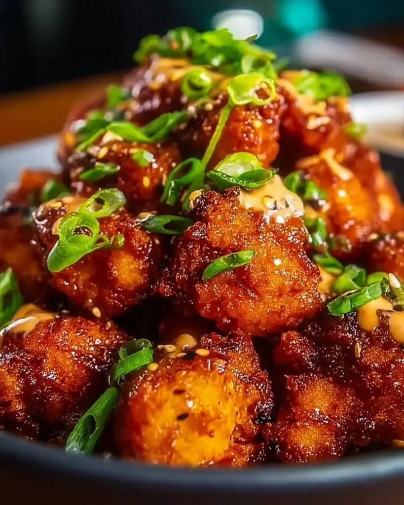 Plate of spicy Bang Bang Chicken garnished with green onions and sesame seeds