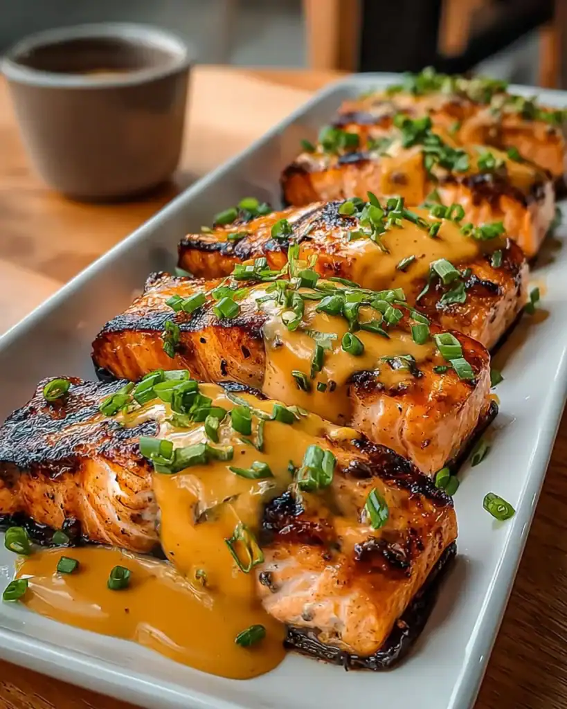 Delicious Bang Bang Salmon served with a spicy sauce and garnished with herbs.
