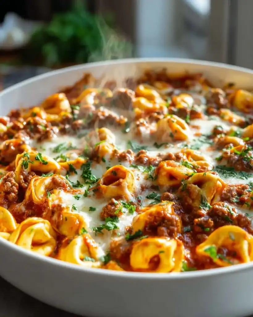 Delicious Beefy Tortellini Bake topped with melted cheese and herbs