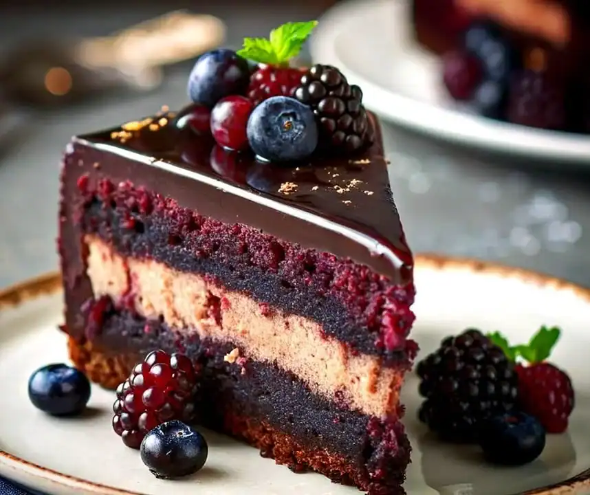 Delicious Berry Midnight Velvet Slice - Indigo Temptation dessert with vibrant colors.