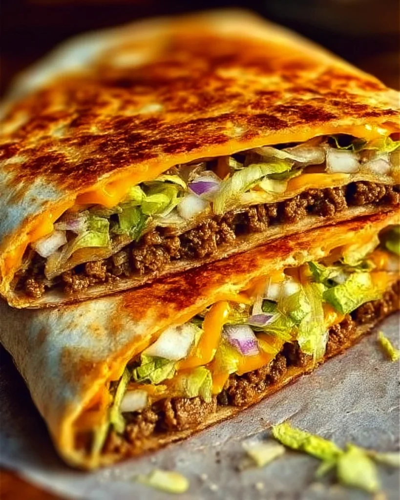 Delicious Big Mac Crunchwrap Supreme featuring layers of beef, cheese, and fresh toppings.
