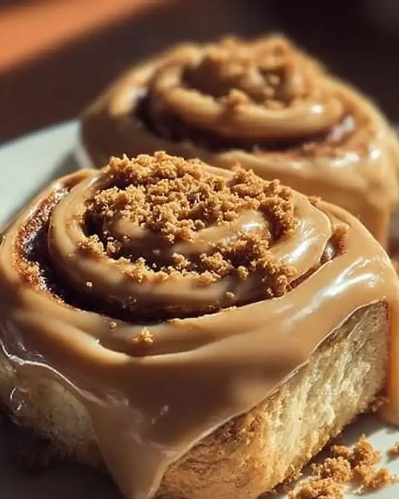 Biscoff cookie butter cinnamon rolls drizzled with icing