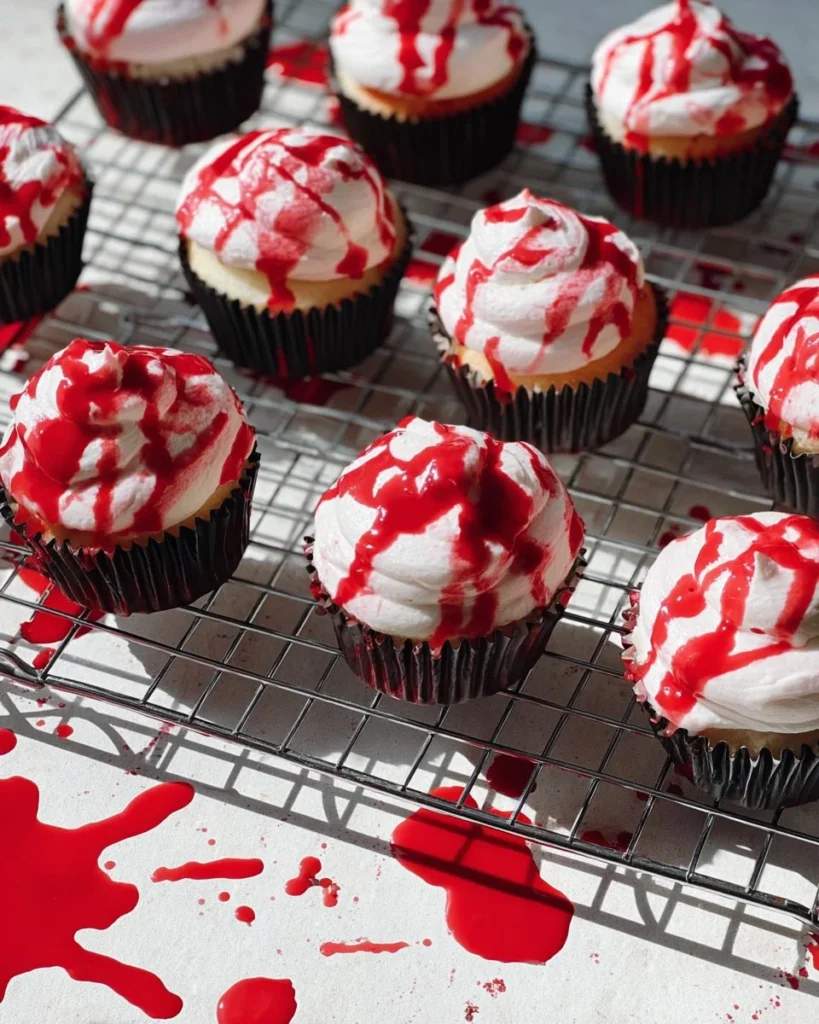 Blood splattered Halloween cupcakes decorated for a spooky celebration.