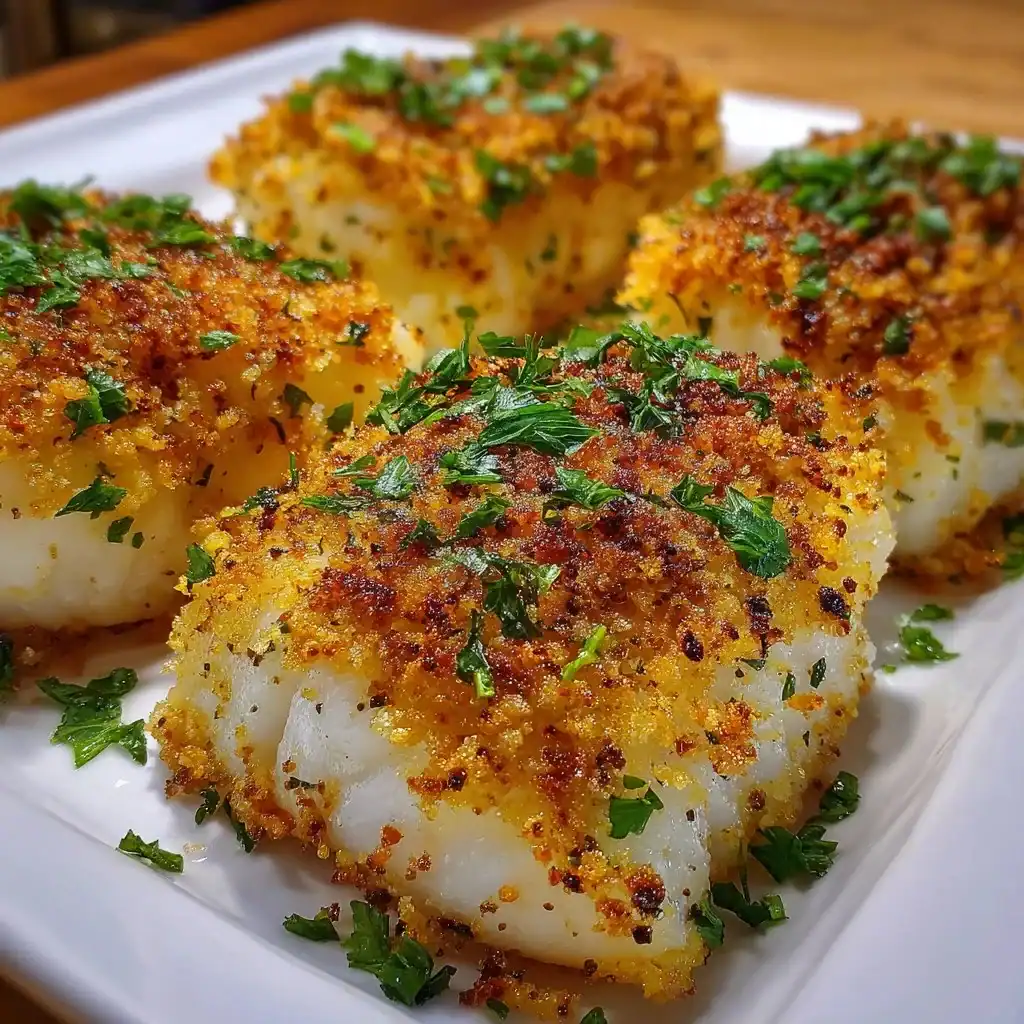 Deliciously baked cod topped with herbs and spices, served in a stylish dish.