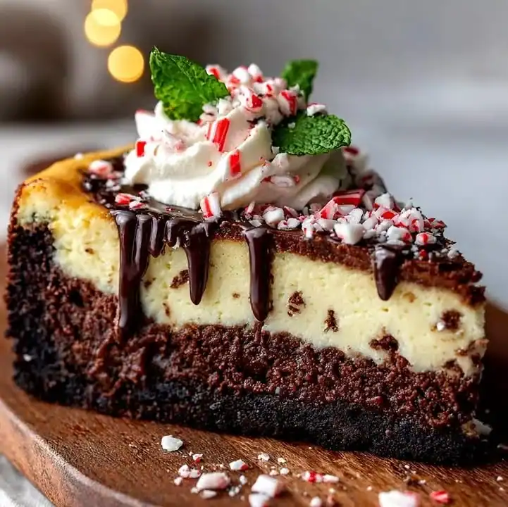 Slice of Brownie Peppermint Cheesecake topped with whipped cream and chocolate shavings