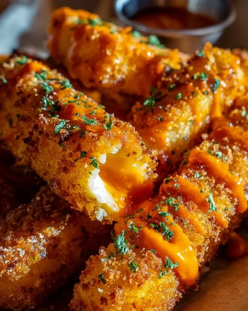 Buffalo Chicken Mozzarella Sticks served on a plate with dipping sauce.