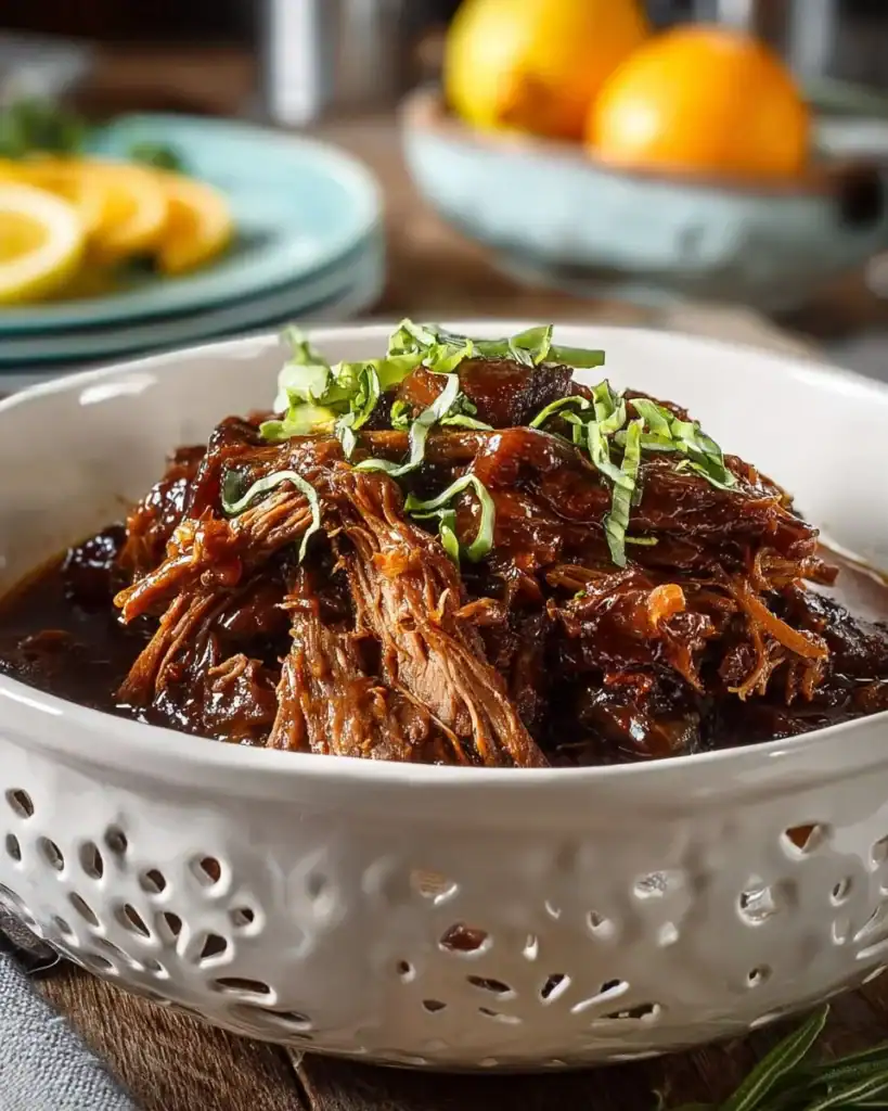 Delicious caramelized pulled beef brisket served in a sandwich