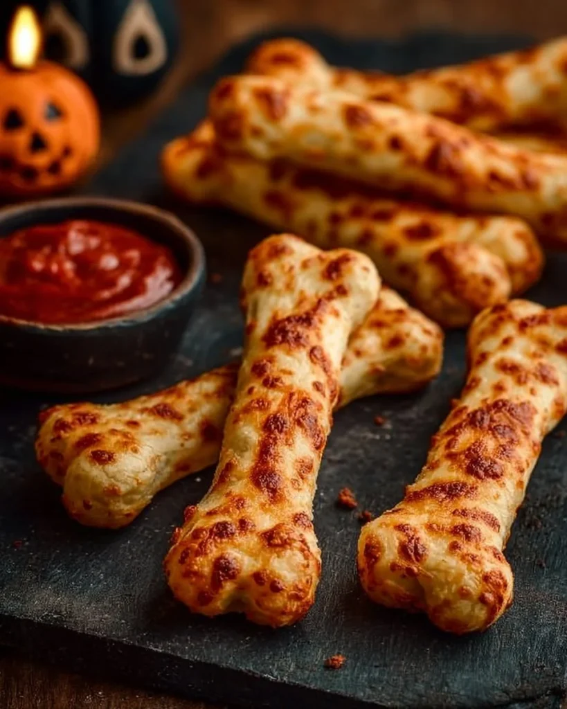 Cheesy Halloween breadstick bones shaped like spooky skeletons.