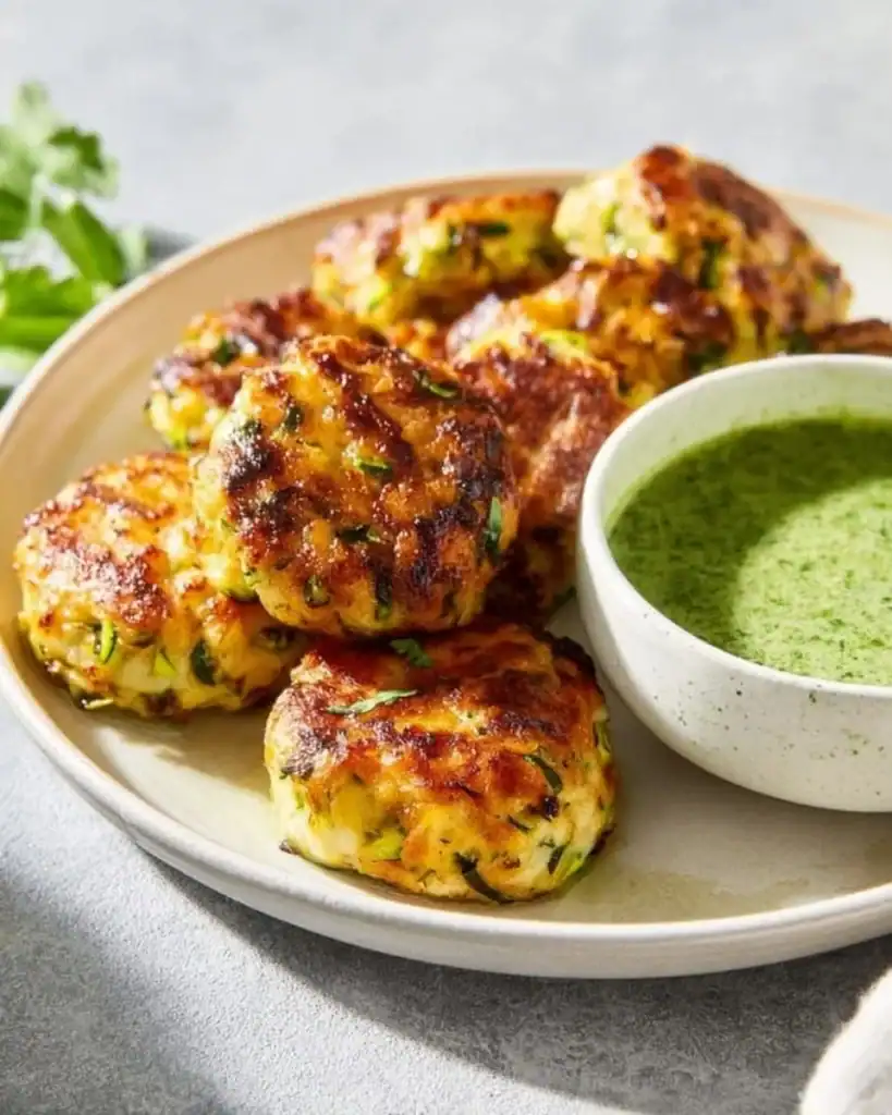 Delicious Chicken Zucchini Poppers served on a plate with dipping sauce