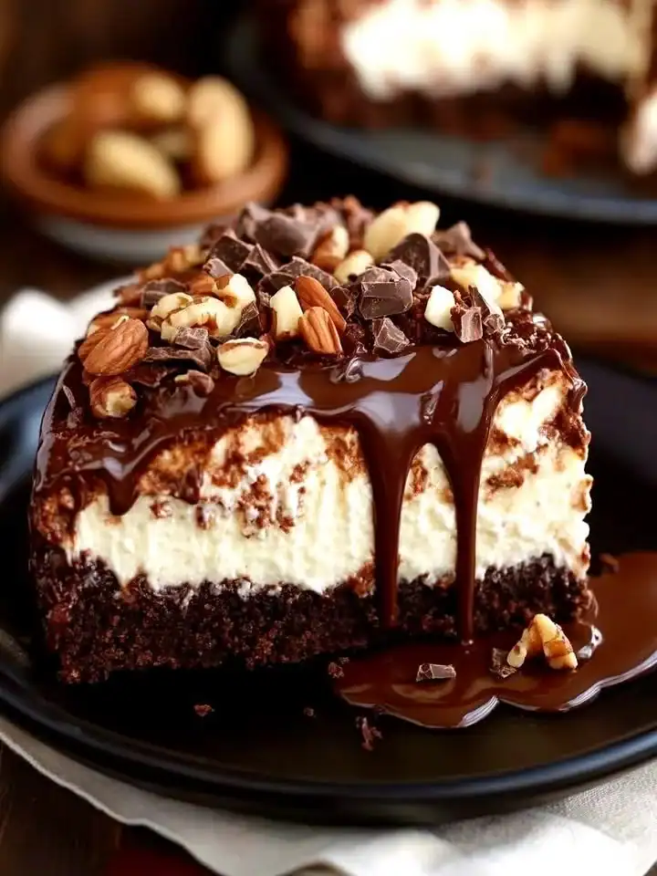Delicious chocolate hazelnut cheesecake with a creamy texture and chocolate drizzle