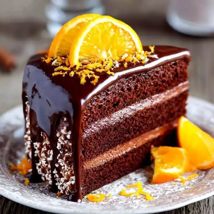 Delicious Chocolate Orange Cake with chocolate frosting and orange slices
