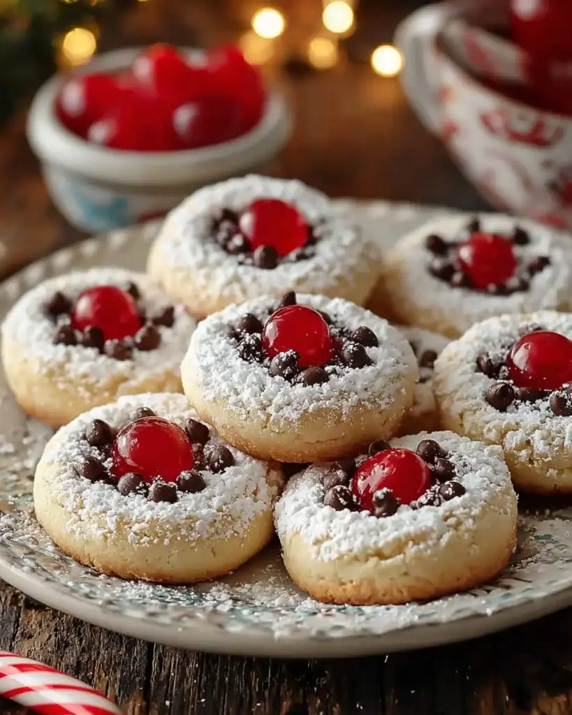 Christmas Maraschino Cherry Shortbread Cookies on a festive plate