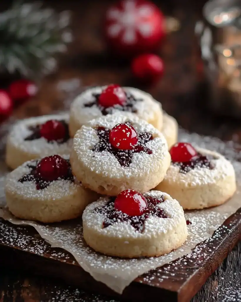 Festive Christmas Maraschino Cherry Shortbread Cookies on a decorative plate