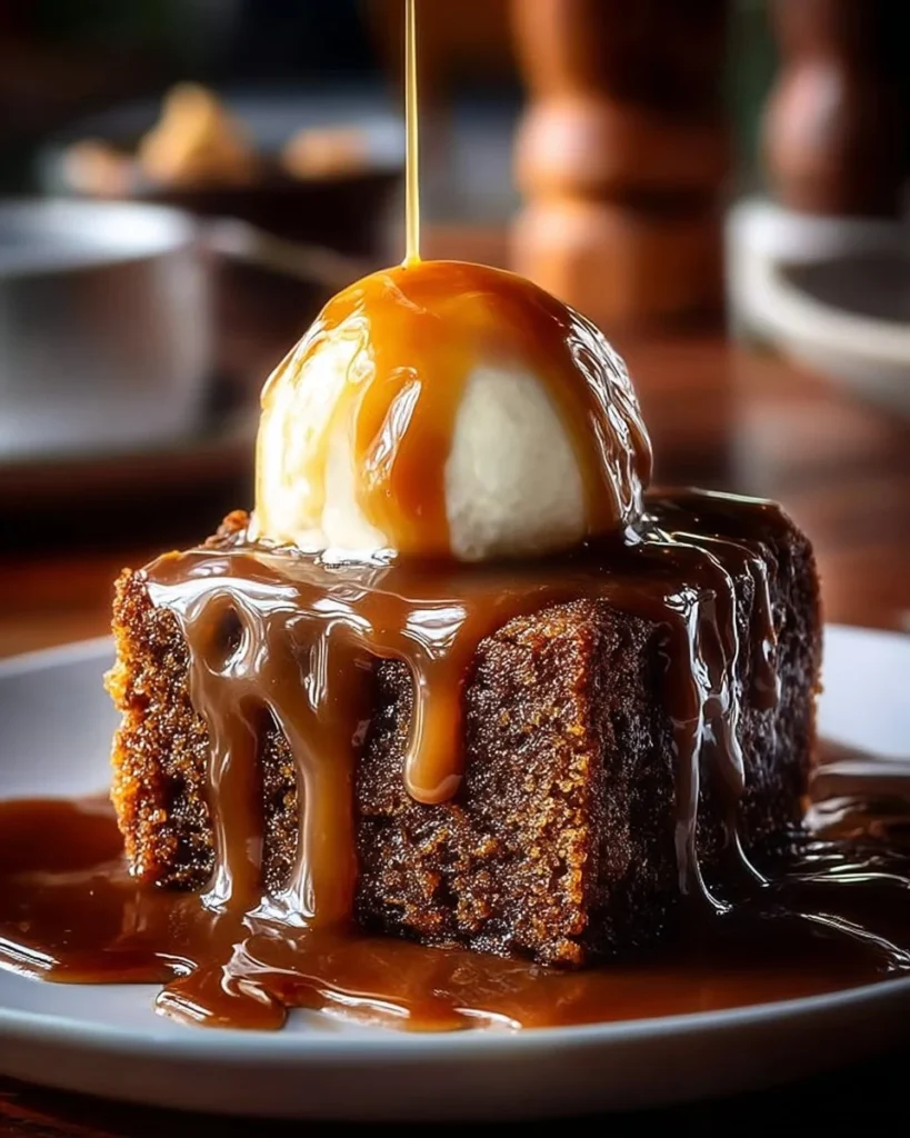 Delicious classic sticky toffee pudding served with warm toffee sauce