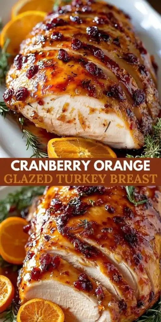 Cranberry orange glazed turkey breast on a festive table.