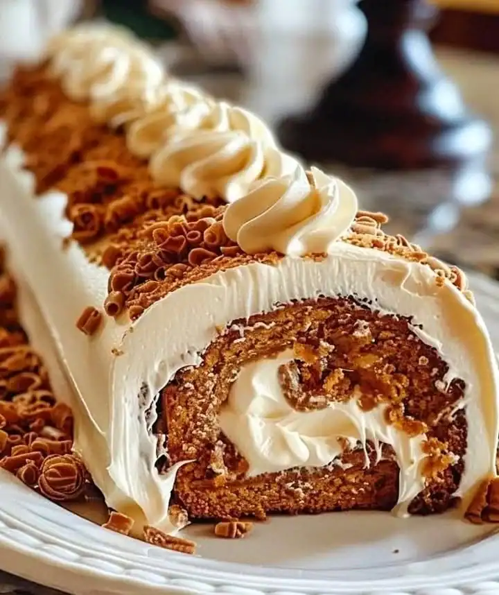 Delicious cream cheese pumpkin roll cake on a rustic wooden table