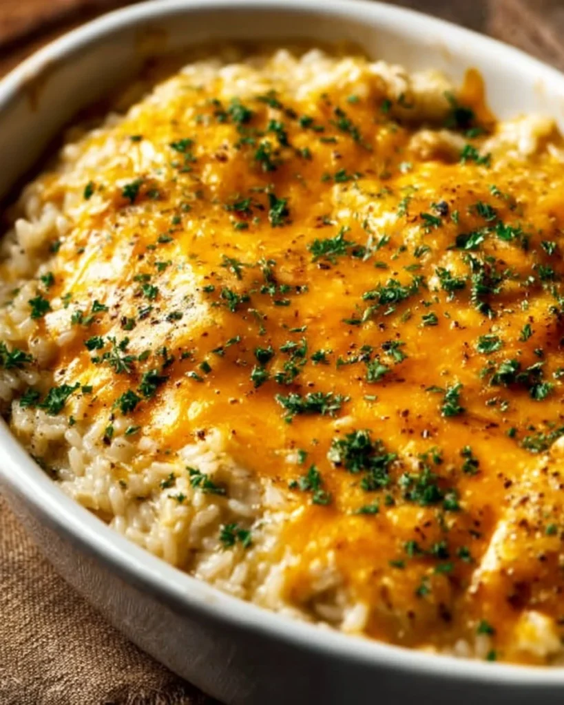 Creamy Chicken Rice Casserole with chicken, rice, and vegetables in a baking dish