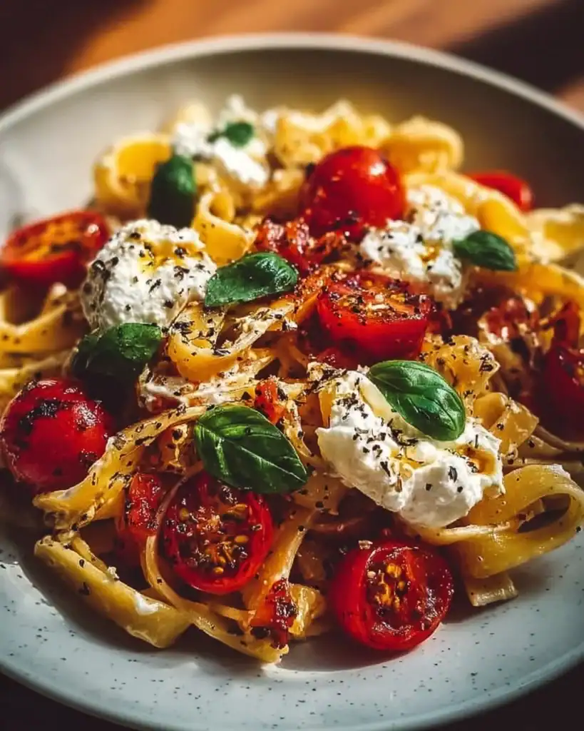 Creamy roasted tomato and garlic pasta sauce served on spaghetti