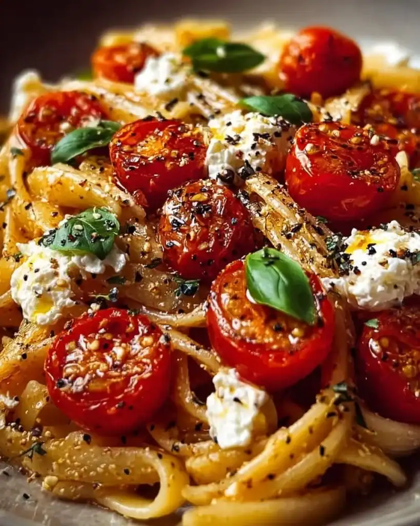 Creamy roasted tomato and garlic pasta sauce served over pasta.