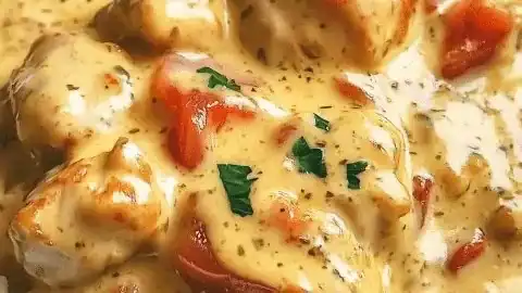 Creamy smothered chicken served over rice in a delicious sauce