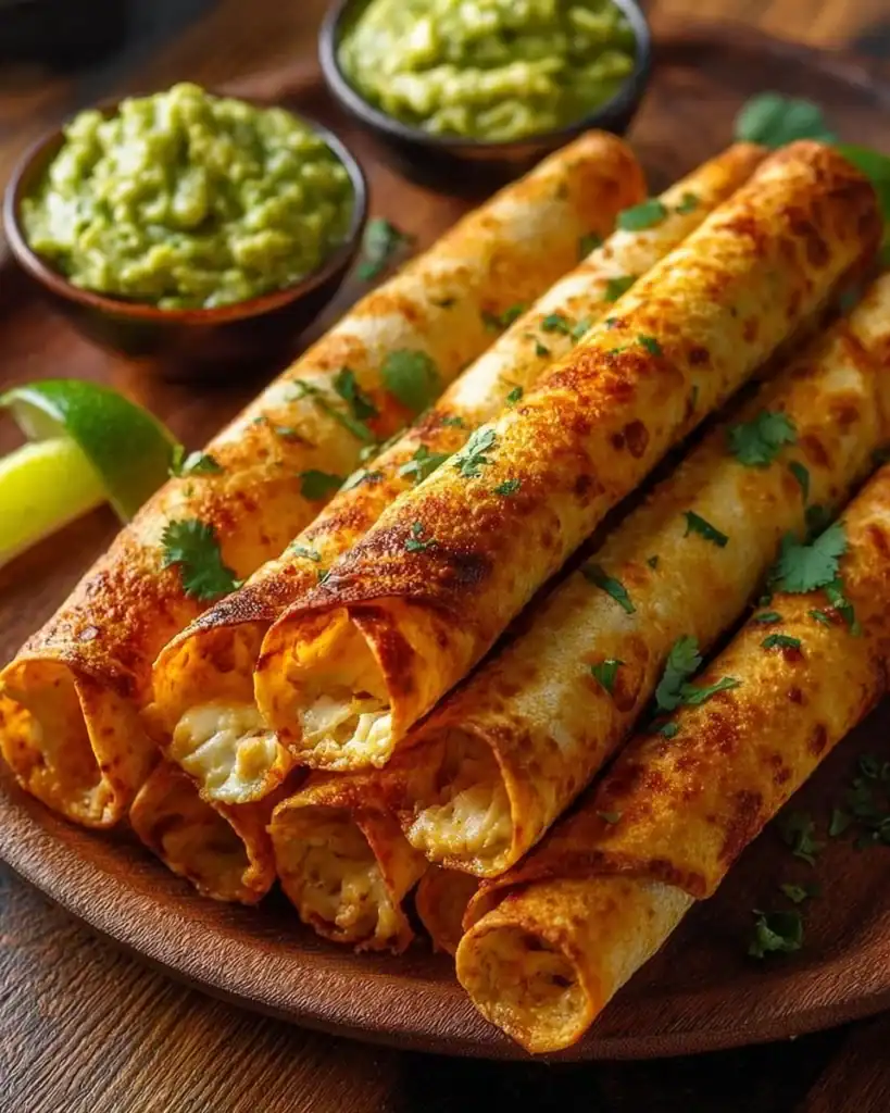Crispy oven-baked Chicken Taquitos filled with seasoned chicken and spices