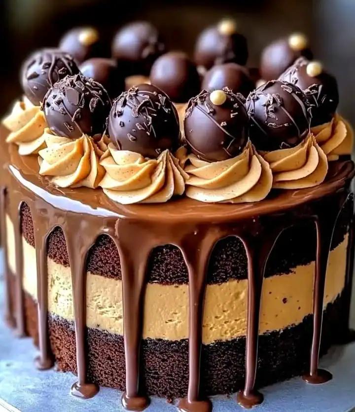 Epic Chocolate Overload Explosion Cake topped with rich chocolate and decorations.