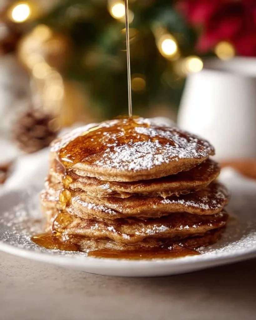 A stack of festive gingerbread pancakes topped with syrup and whipped cream