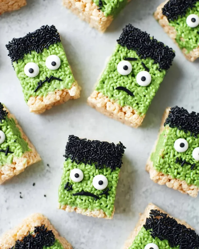 Frankenstein Rice Krispie Treats decorated for Halloween