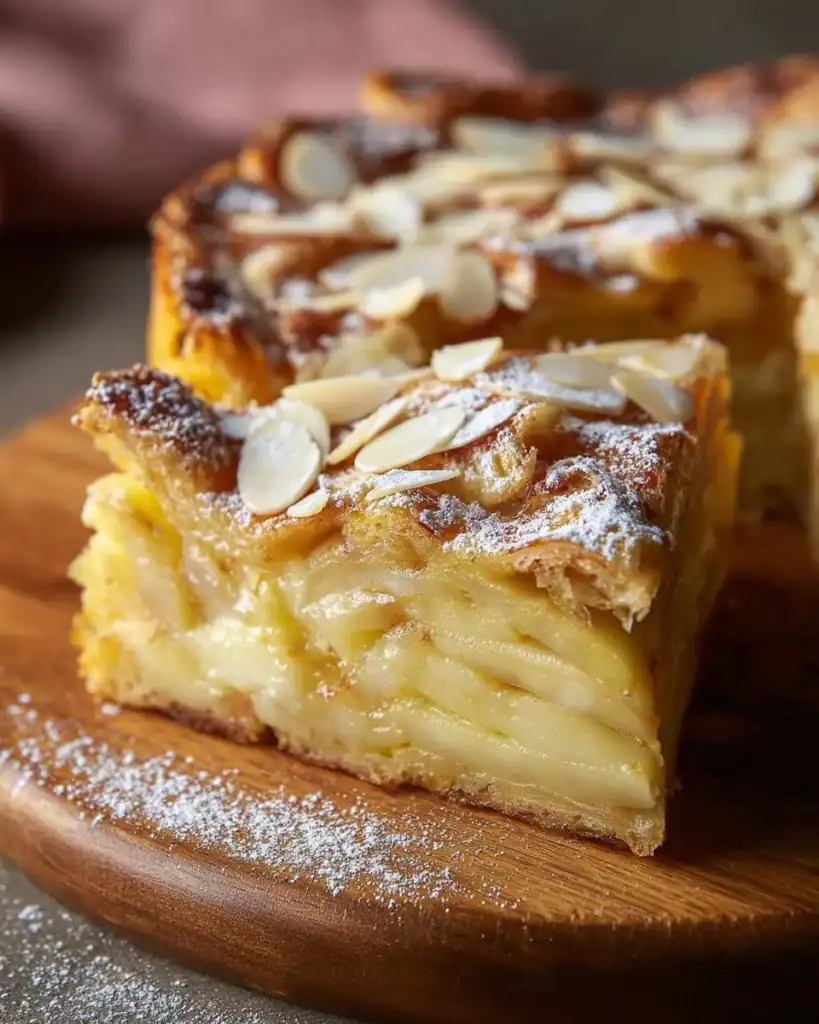 Slice of French Apple Invisible Cake showcasing tender apples and a light batter
