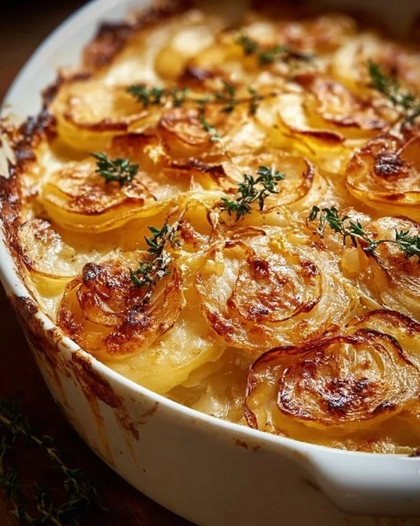 Deliciously baked French Onion Potato Bake topped with cheese and herbs