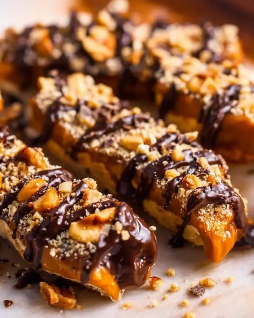 Frozen Banana Snickers dessert with chocolate and bananas
