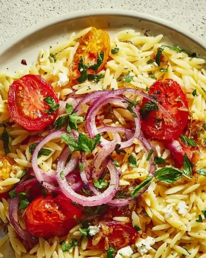 A vibrant bowl of Greek Lemon Herb Orzo garnished with fresh herbs.