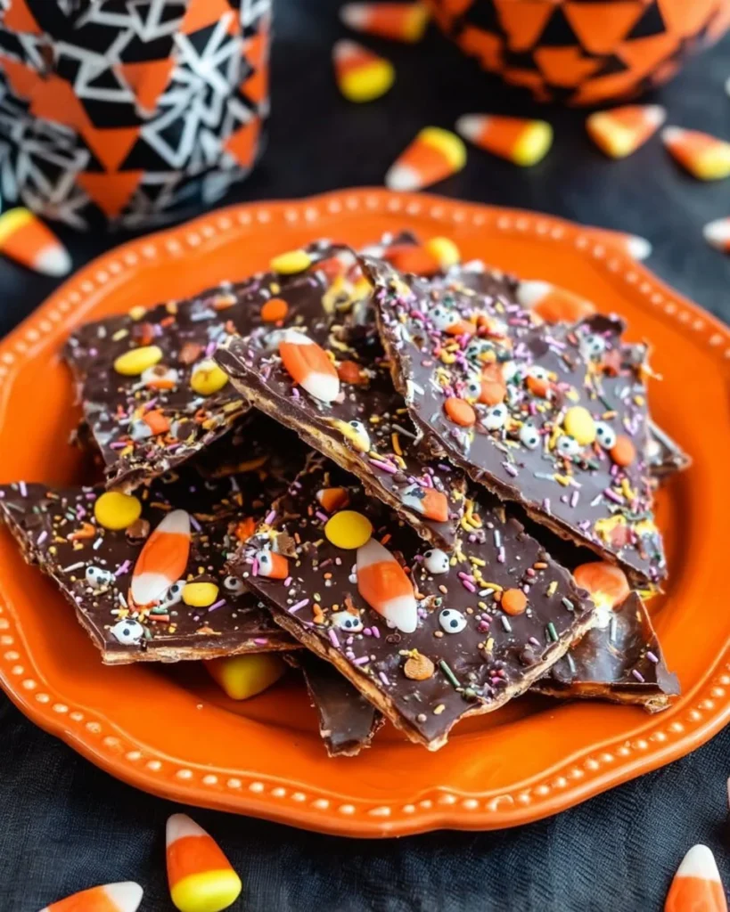 Delicious Halloween Crack Candy made with chocolate, nuts, and festive sprinkles