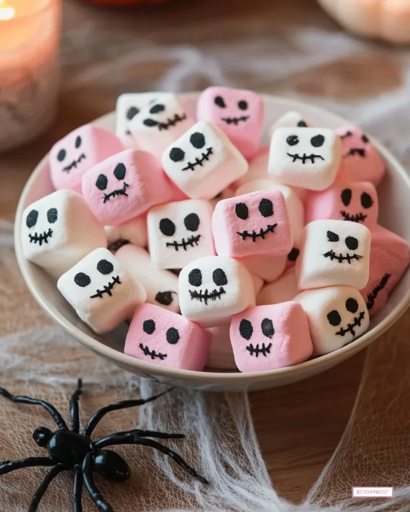 Halloween marshmallows with skeleton designs for festive treats