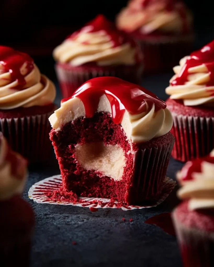 Halloween Vampire Bite Cupcakes with red filling and spooky decoration.