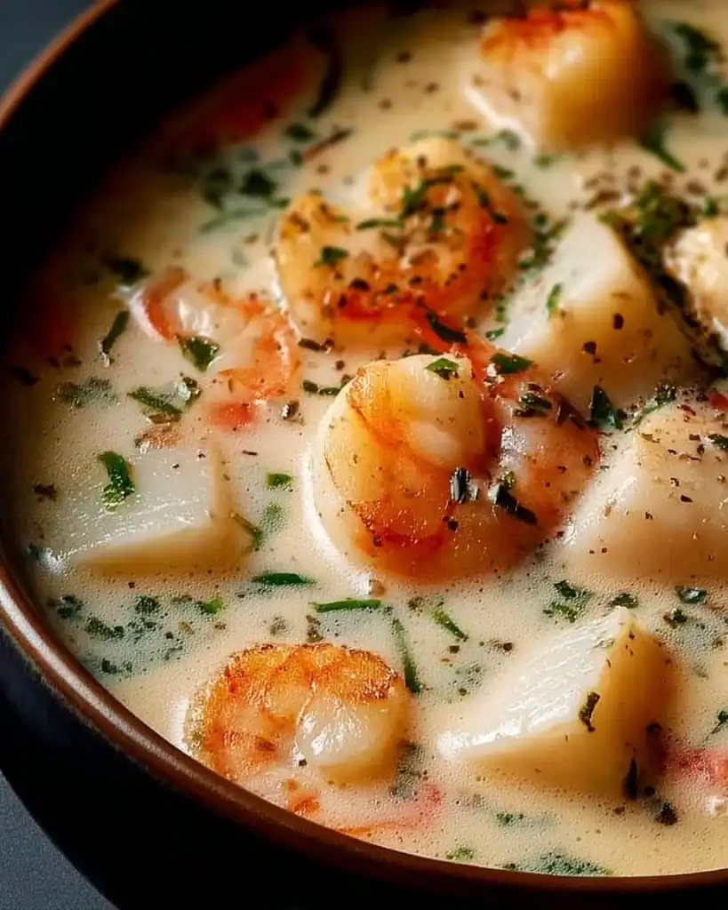 Bowl of hearty Nova Scotia seafood chowder prepared for a cozy night in.