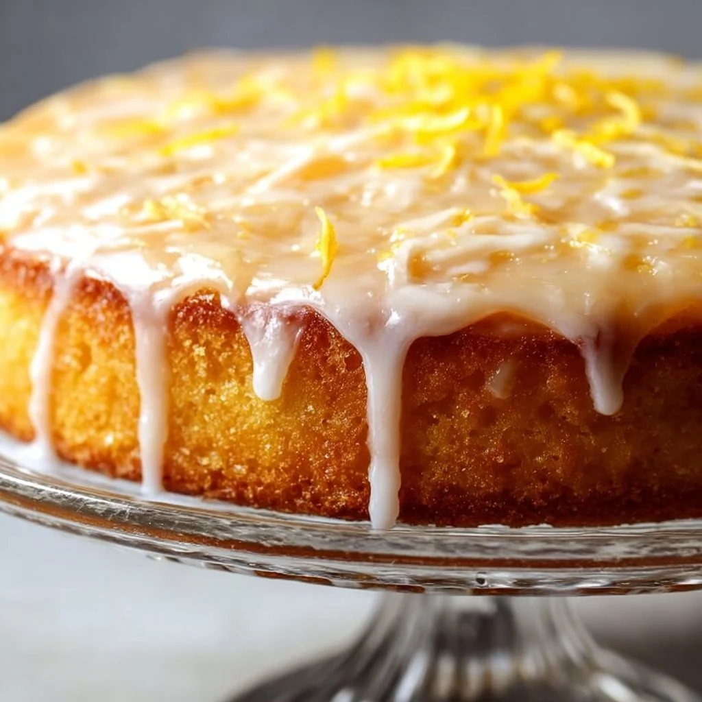 Deliciously moist lemon cake with a zesty topping and fresh lemon slices
