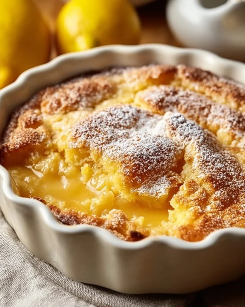 Delicious magic lemon cobbler dessert served in a dish.