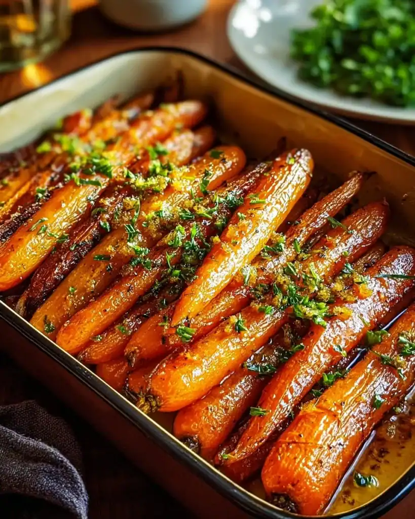 Maple Dijon roasted carrots served on a plate with fresh herbs
