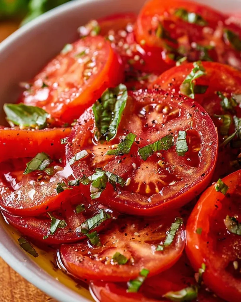 Delicious marinated tomatoes in a bowl, showcasing vibrant colors and fresh herbs.