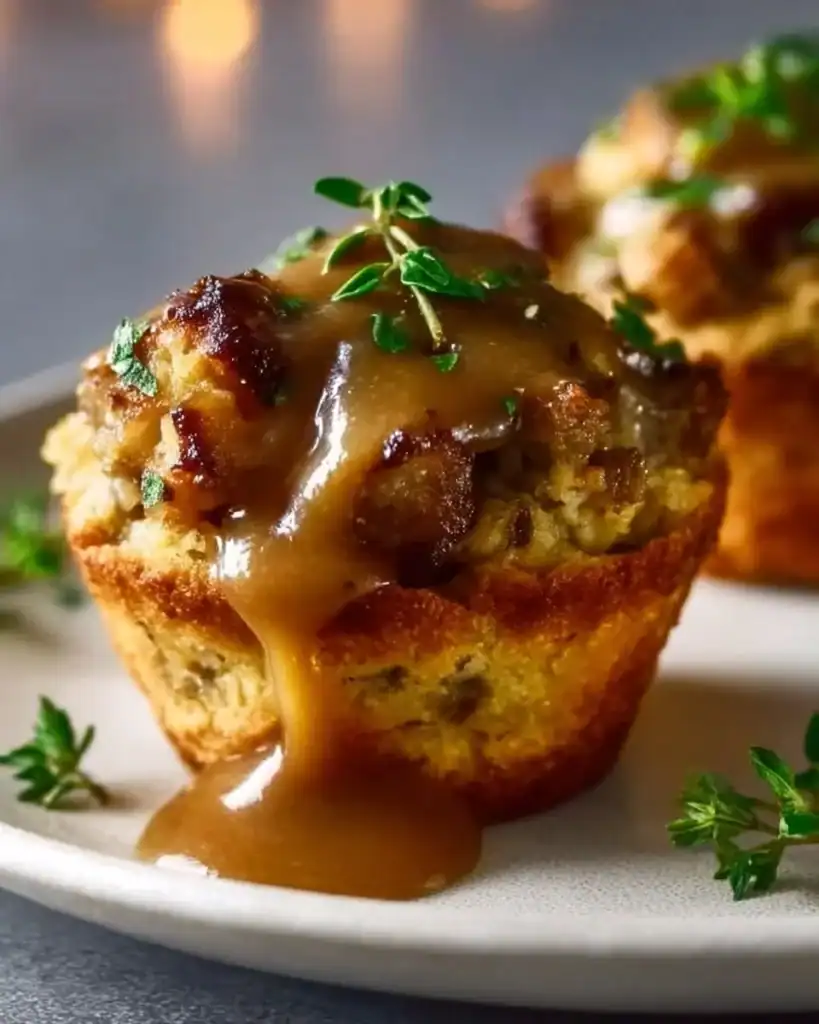 Muffin tin turkey stuffing cups ready to serve, displaying a golden-brown finish.