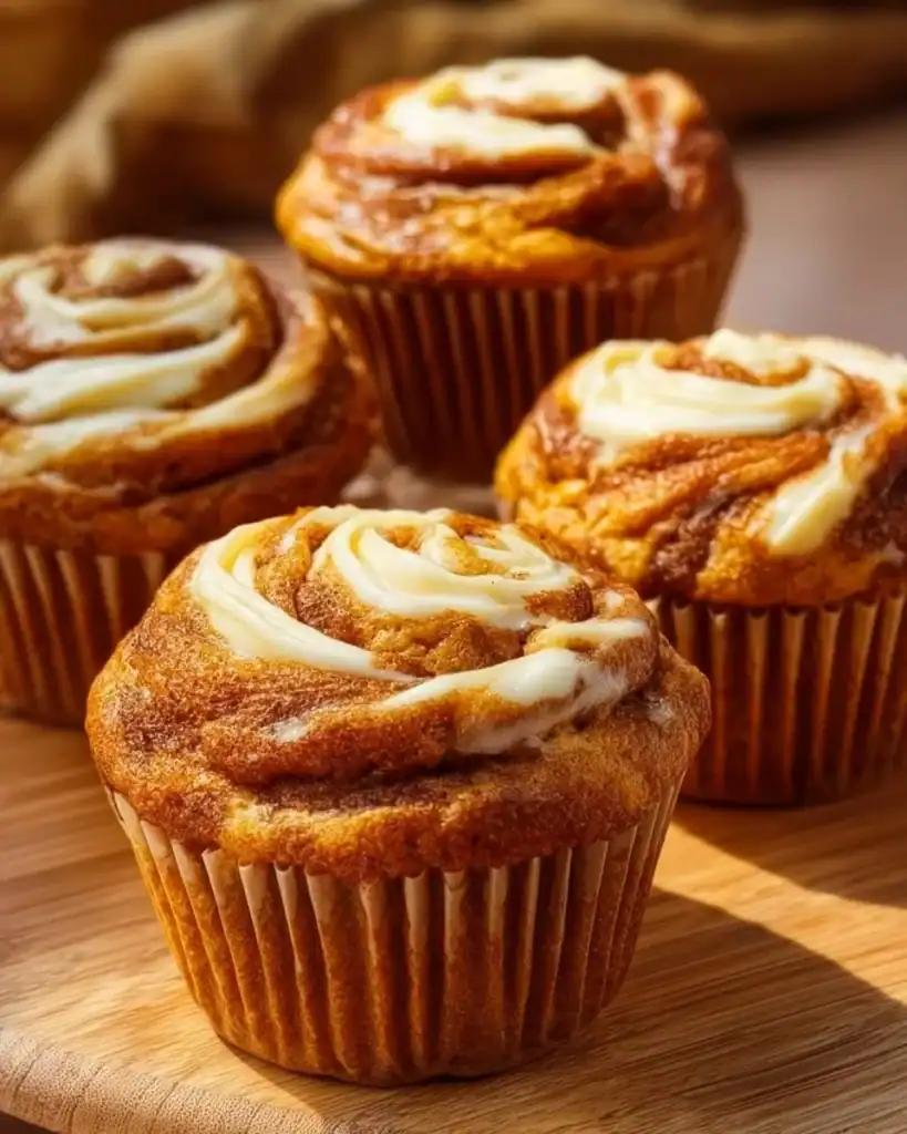 Delicious pumpkin cream cheese swirl muffins on a wooden table