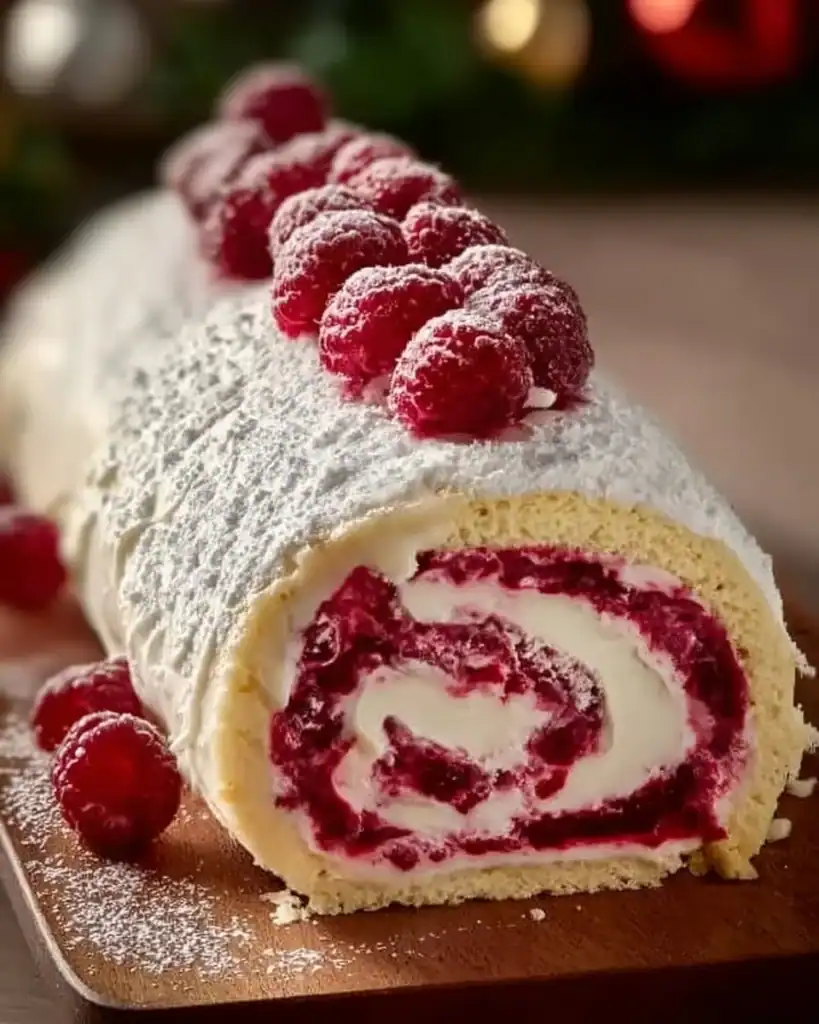 Delicious Raspberry Swirl Christmas Roll with festive decorations