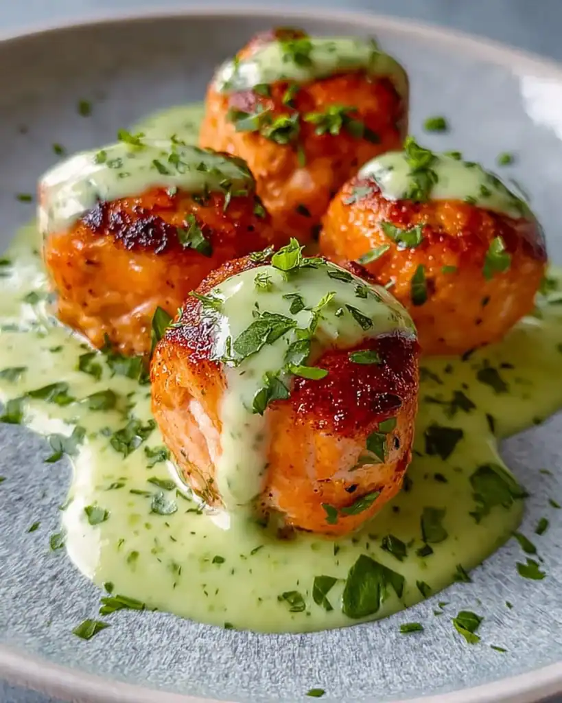 Salmon balls served with creamy avocado sauce on a wooden platter