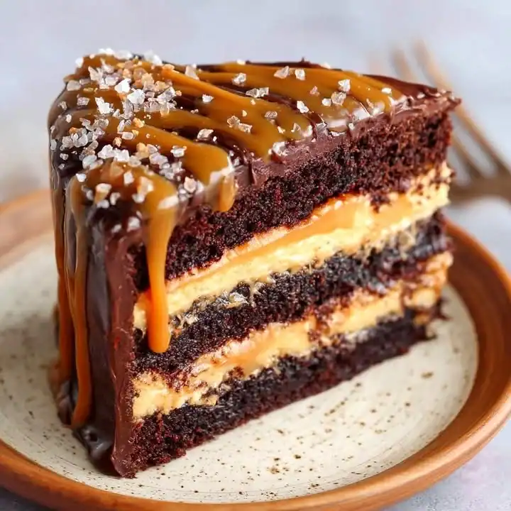 Delicious salted caramel peanut butter chocolate cake layered with creamy frosting