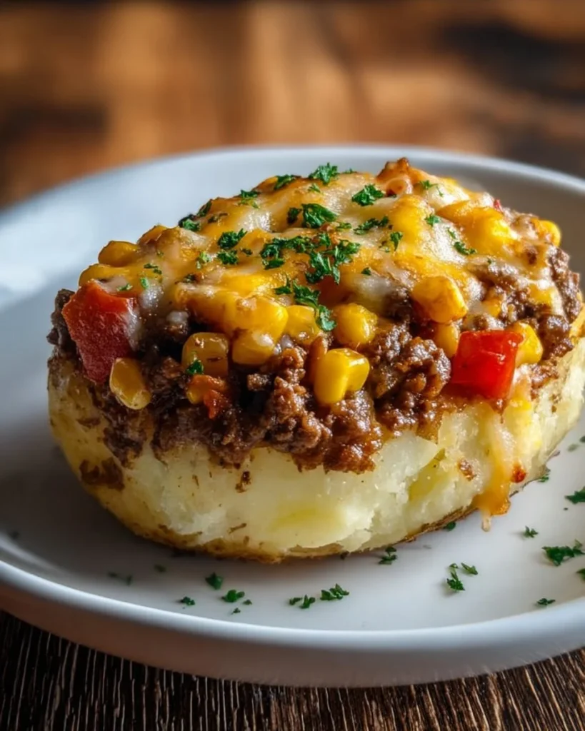 Delicious Shepherd’s Pie Baked Potato topped with savory meat and vegetables