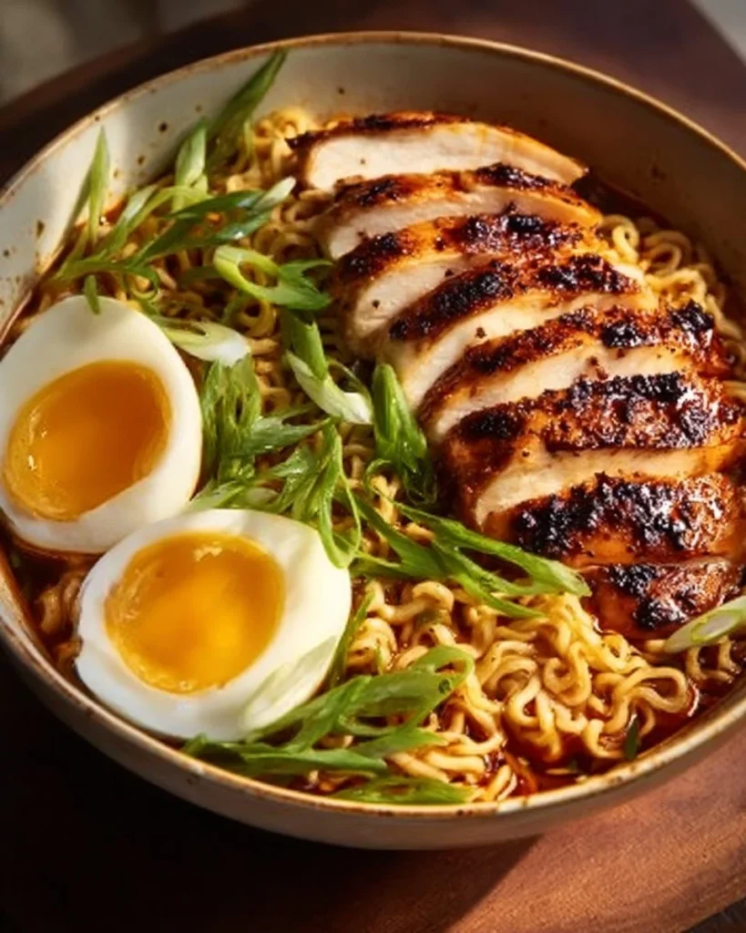 Spicy and creamy chicken ramen bowl topped with fresh ingredients and herbs