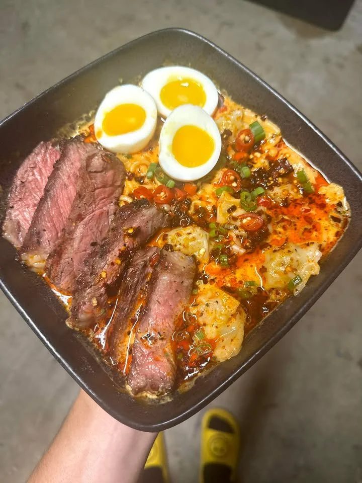 Delicious Spite Steak Wonton and Noodle Soup served in a bowl