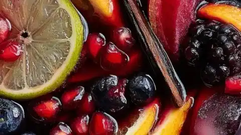 Spooky Black Halloween Sangria in a glass surrounded by Halloween decorations